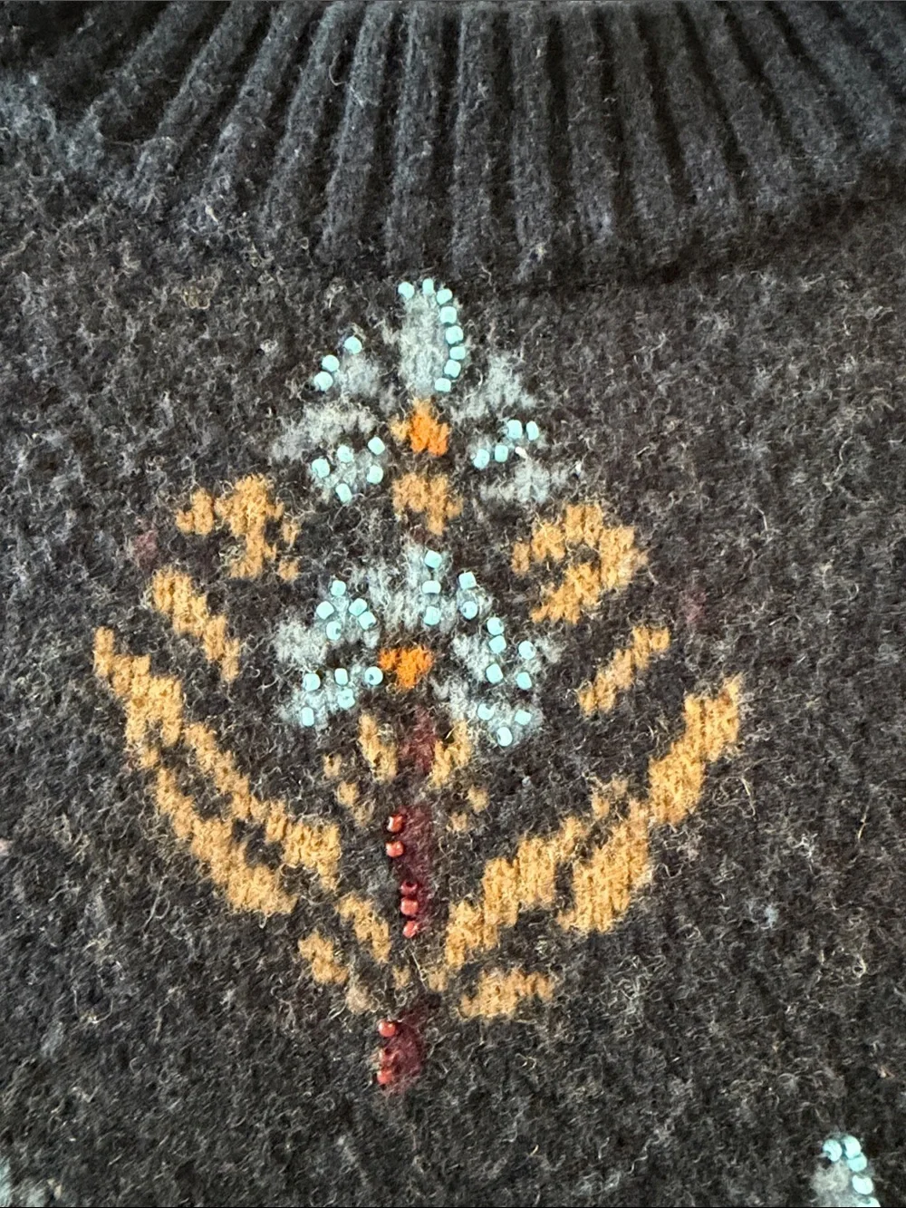 Tory Burch 100% Wool Beaded Navy Crewneck Sweater with Light Blue and Tan Motifs